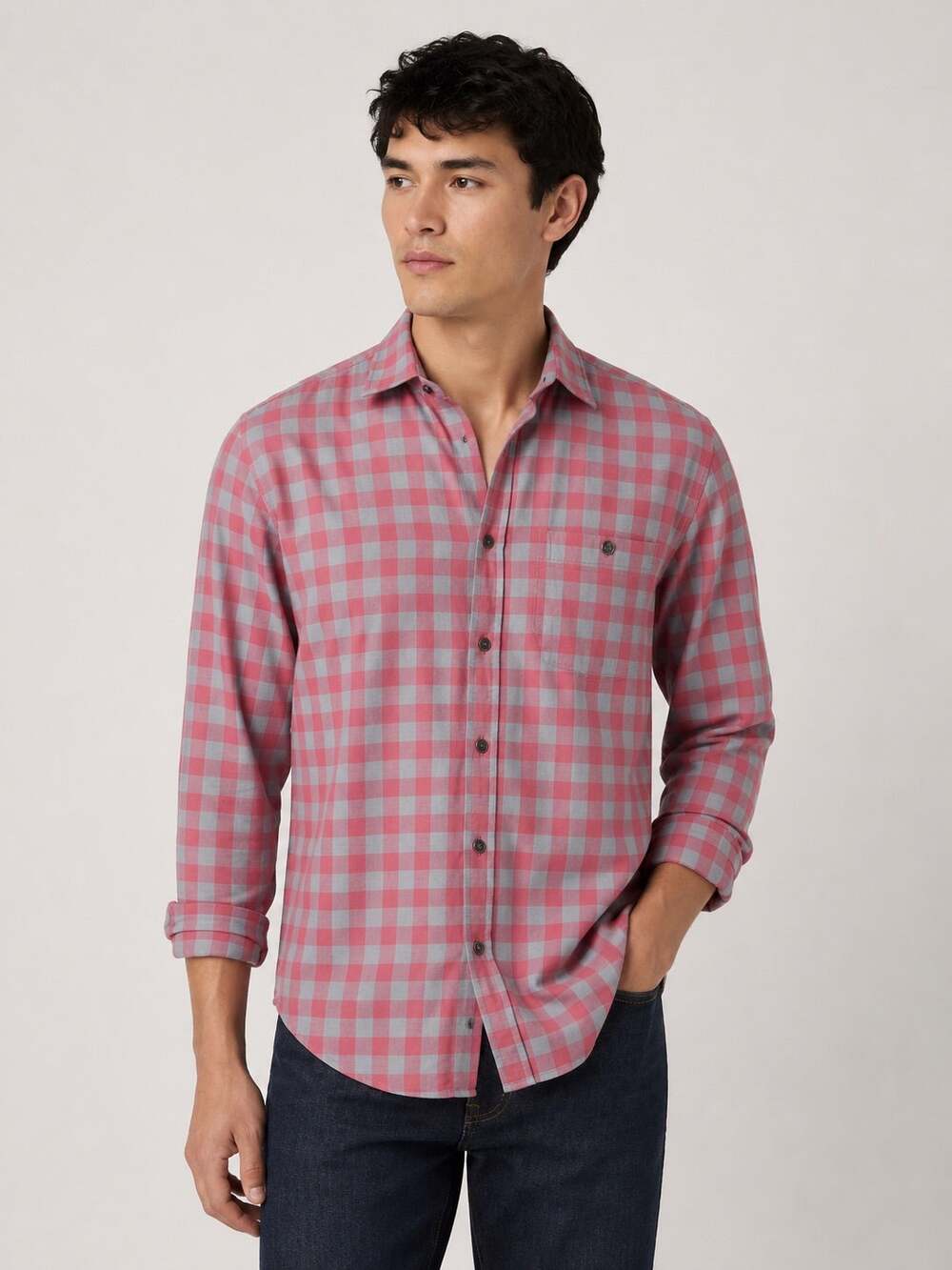 Flag & Anthem MadeFlex Mens L Pink Gray Gingham Stretch Button Down Shirt